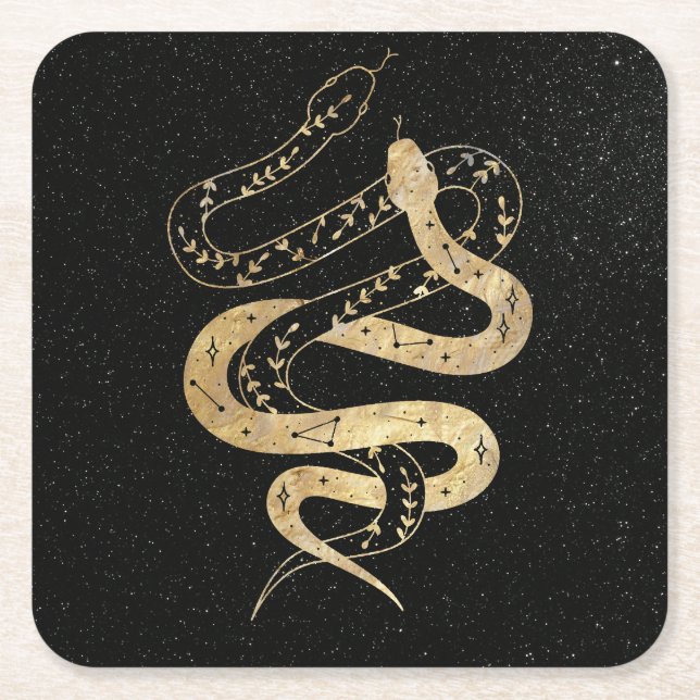 Fantasy Gold and Black Mystical Snakes  Square Paper Coaster (Front)