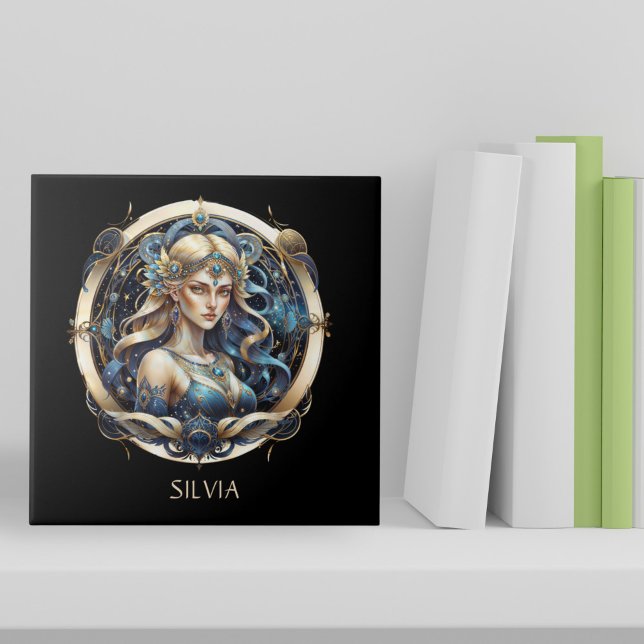 Fantasy Gold Blue Celestial Zodiac Sun Sign Virgo Ceramic Tile (Creator Uploaded)