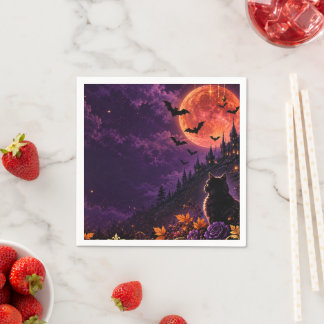 Fantasy Gothic Halloween Black Cat and Blood Moon Napkin