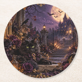 Fantasy Gothic Halloween Black Cat and Full Moon R Round Paper Coaster