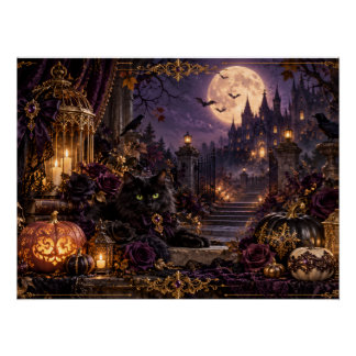 Fantasy Gothic Halloween Black Cat and Moonlit Glo Poster