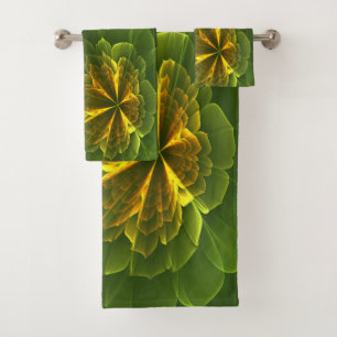 Fantasy Green Yellow Fractal Flowers Bath Towel Set