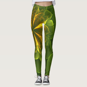 Fantasy Green Yellow Fractal Flowers Leggings