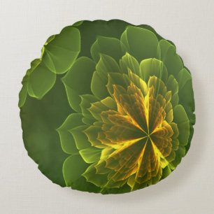 Fantasy Green Yellow Fractal Flowers Round Cushion