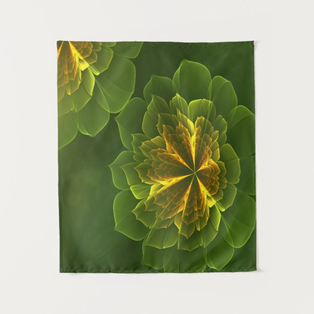 Fantasy Green Yellow Fractal Flowers Tapestry (Front)