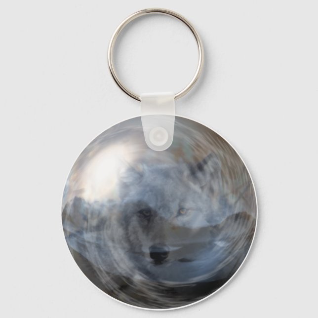 Fantasy Grey Wolf Crystal Ball Magic Animal Key Ring (Front)