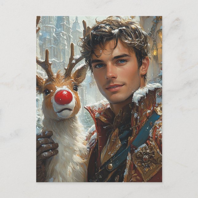 Fantasy Handsome man and reindeer Christmas Postcard (Front)