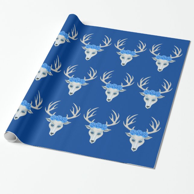 Fantasy Head of White Deer Blue Roses Antlers   Wrapping Paper (Unrolled)
