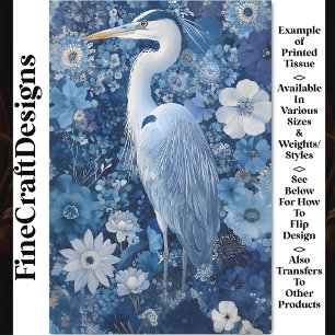 Fantasy Heron Bird With Blue Flowers BV5 Decoupage Tissue Paper