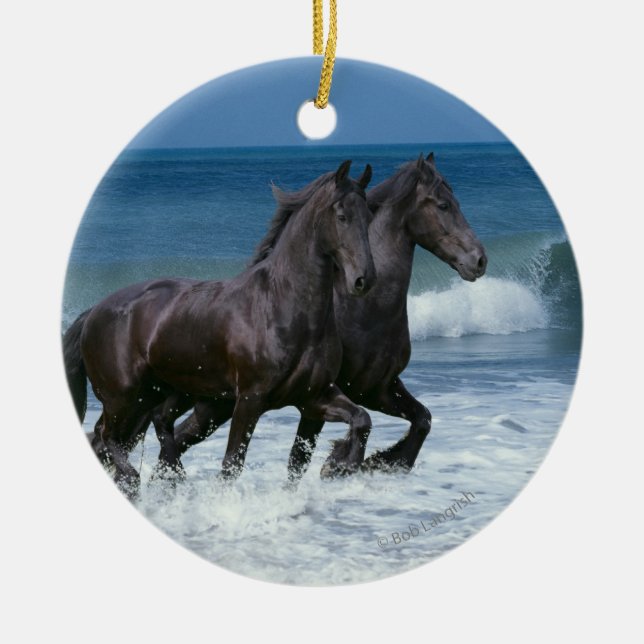 Fantasy Horses: Friesians & Sea Ceramic Tree Decoration (Front)