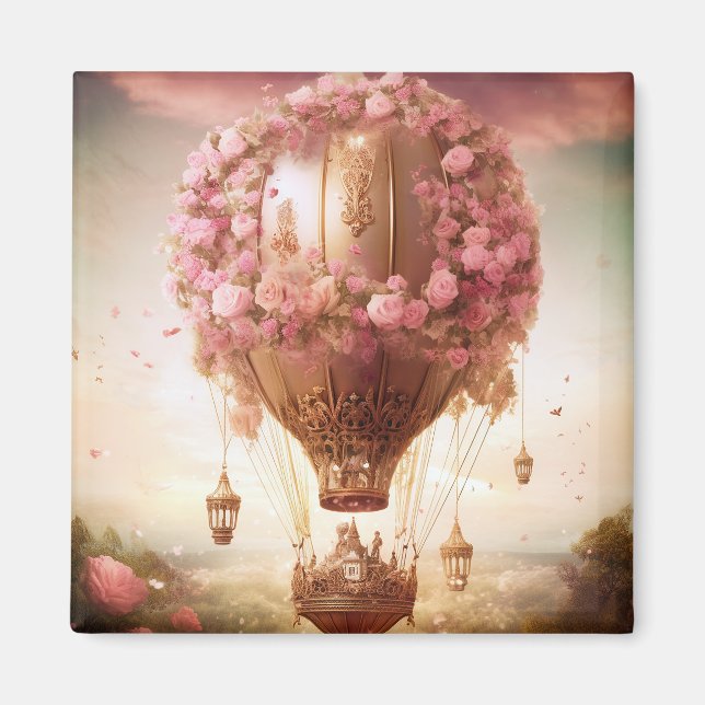 Fantasy Hot Air Balloon Pink Gold Magnet (Front)