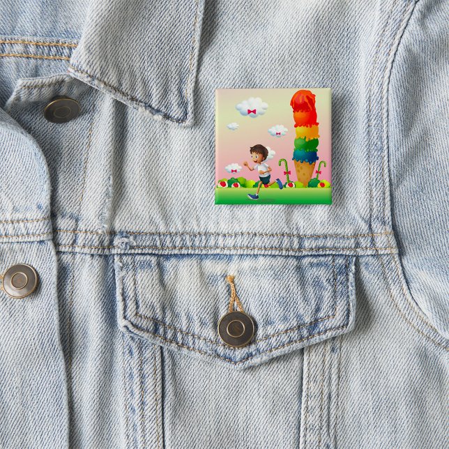 Fantasy Ice Cream Cone with Happy Running Boy 15 Cm Square Badge (Creator Uploaded)