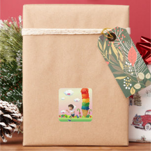 Fantasy Ice Cream Cone with Happy Running Boy Square Sticker