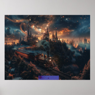 Fantasy image of a steam train in a fantasy land poster