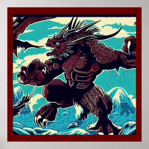 Fantasy Kaiju Anime - Woodcut 3 Poster