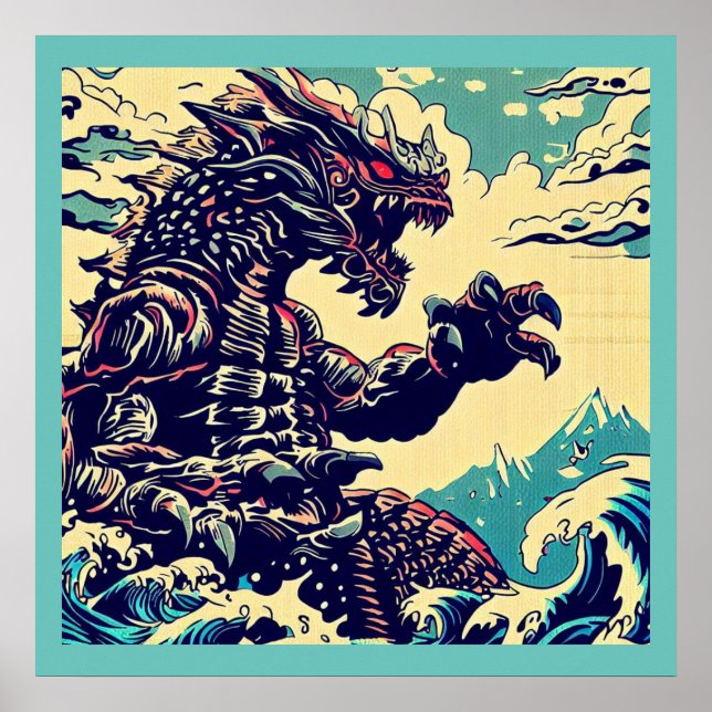 Fantasy Kaiju Anime - Woodcut 4 Poster (Front)