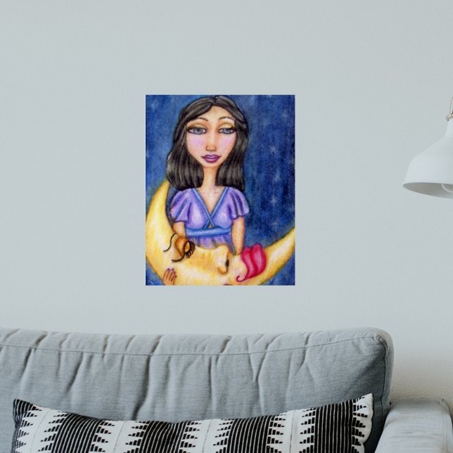 Fantasy Lady Holding Sleeping Crescent Moon Poster (Fantasy woman purple dress yellow sleeping crescent moon on dark night blue art wall poster.)