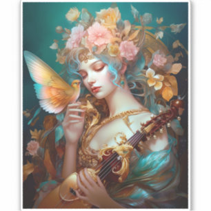 Fantasy Lady With Lute & Butterfly Bird