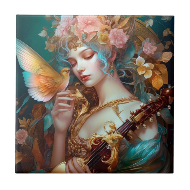 Fantasy Lady With Lute & Butterfly Bird Ceramic Tile (Front)