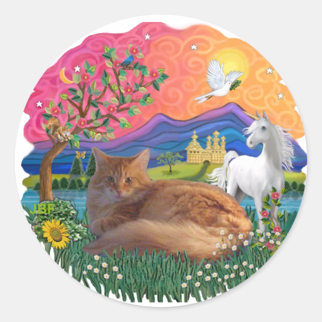 Fantasy Land (ff) - Maine Coon cat (red) Classic Round Sticker (Front)