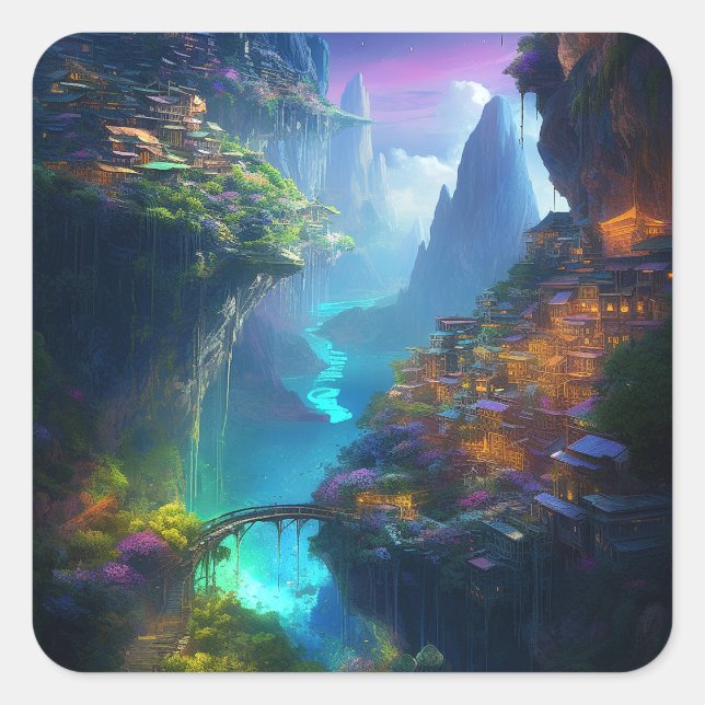Fantasy Landscape Colourful Surreal  Square Sticker (Front)