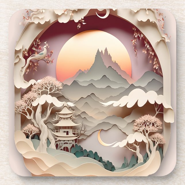 Fantasy Landscape Paper Cut Hard Plastic Coaster (Front)