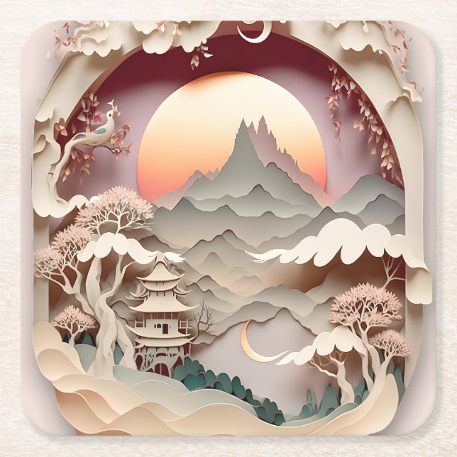 Fantasy Landscape Paper Cut Square Paper Coaster (Front)