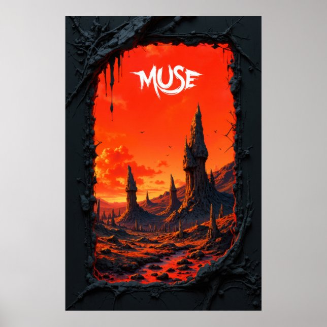 Fantasy landscape with fiery sky and towering poster (Front)