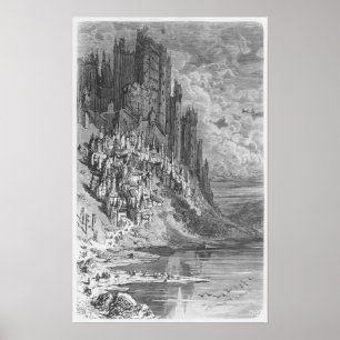 Fantasy landscape with town and castle poster