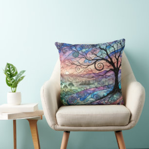 Fantasy Landscape with Tree and Colourful Sunset Cushion
