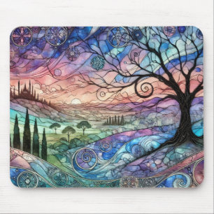 Fantasy Landscape with Tree and Colourful Sunset Mouse Pad