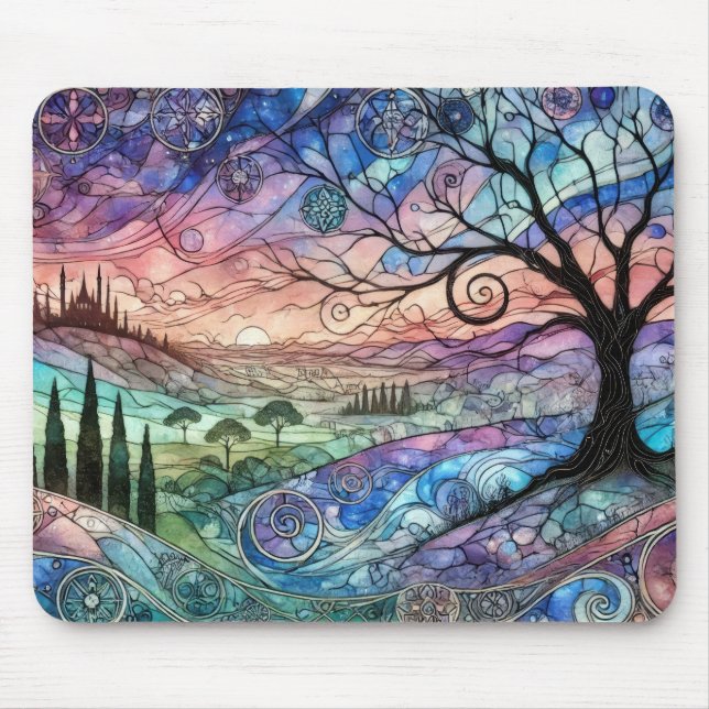 Fantasy Landscape with Tree and Colourful Sunset Mouse Pad (Front)