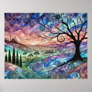 Fantasy Landscape with Tree and Colourful Sunset Poster