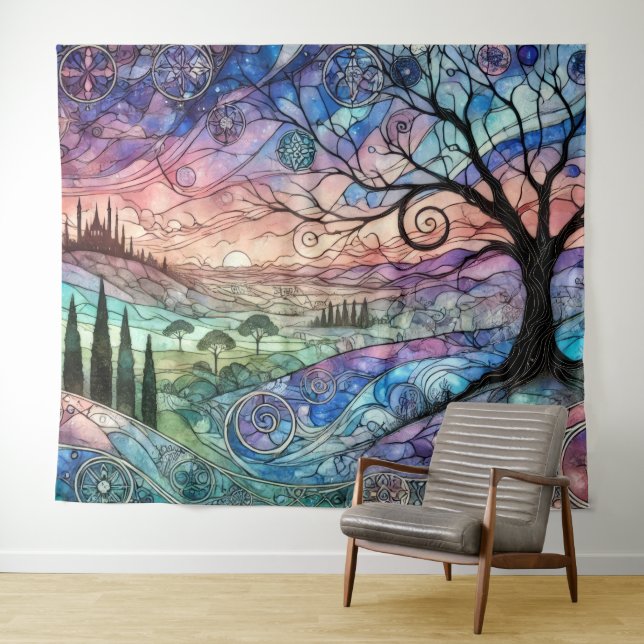 Fantasy Landscape with Tree and Colourful Sunset Tapestry (In Situ (Horizontal))