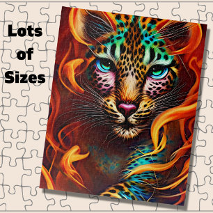 Fantasy Leopard Face, Aqua Pink Orange Jigsaw Puzzle