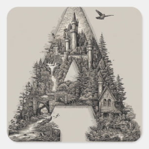 Fantasy Letter A with Castles in the Sky Storybook Square Sticker