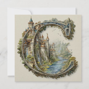 Fantasy Letter C with Castles in the Sky Storybook Holiday Card