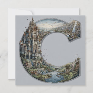 Fantasy Letter C with Castles in the Sky Storybook Holiday Card