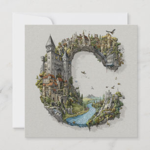 Fantasy Letter C with Castles in the Sky Storybook Holiday Card