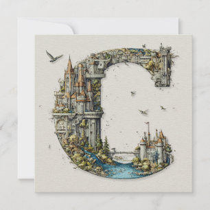 Fantasy Letter C with Castles in the Sky Storybook Holiday Card