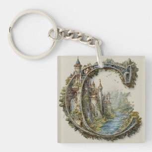 Fantasy Letter C with Castles in the Sky Storybook Key Ring