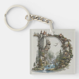 Fantasy Letter D with Castles in the Sky Storybook Key Ring