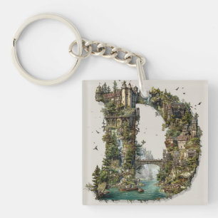 Fantasy Letter D with Castles in the Sky Storybook Key Ring