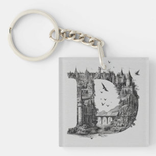 Fantasy Letter D with Castles in the Sky Storybook Key Ring