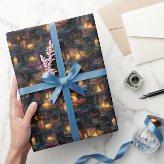 Fantasy Library Floating Books Magical Candles Wrapping Paper