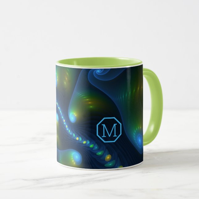 Fantasy Lights Abstract Blue Fractal Art Monogram Mug (Front Right)