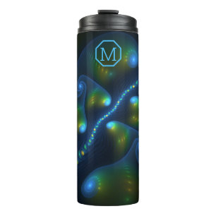 Fantasy Lights Abstract Blue Fractal Art Monogram Thermal Tumbler