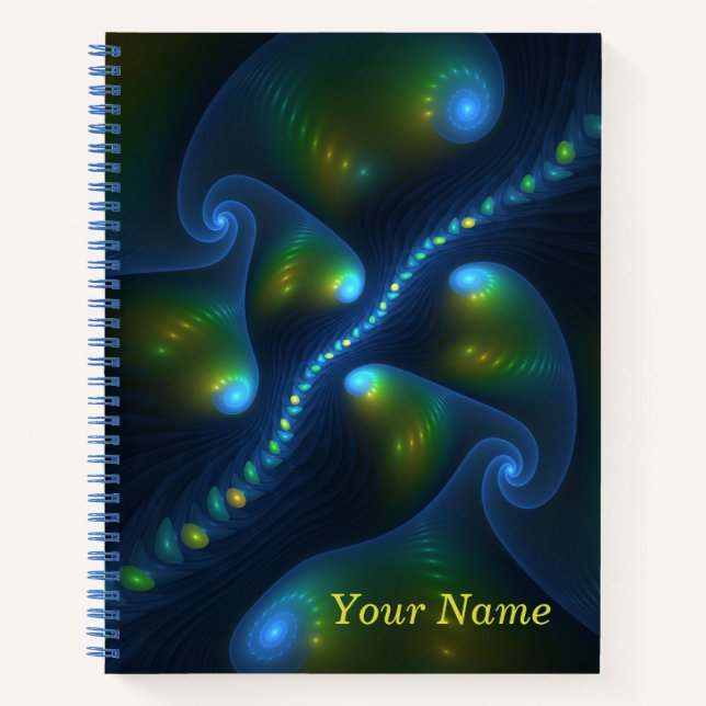 Fantasy Lights Abstract Blue Green Yellow Art Name Notebook (Front)