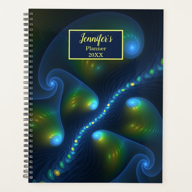 Fantasy Lights Abstract Blue Green Yellow Art Name Planner (Front)
