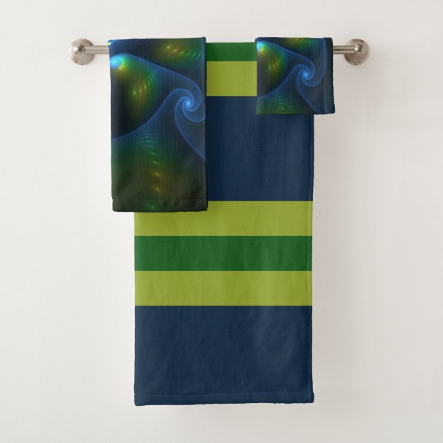 Fantasy Lights Abstract Blue Green Yellow Fractal Bath Towel Set (Insitu)